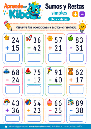 Ficha de sumas y restas para imprimir